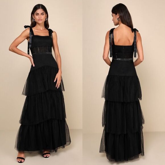 Lulus NWT Enticing Mystique Tulle Tie-Strap Tiered Maxi Dress in Black Large - Picture 1 of 5